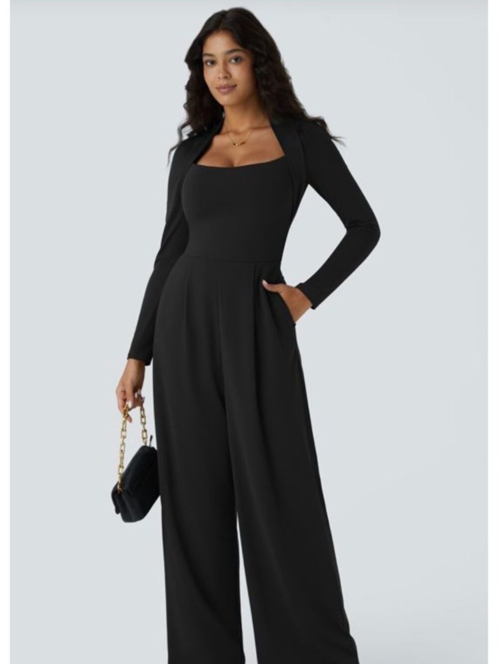 Halara Womens Easy Peezy L Black Long-Sleeve Wide-Leg Jumpsuit